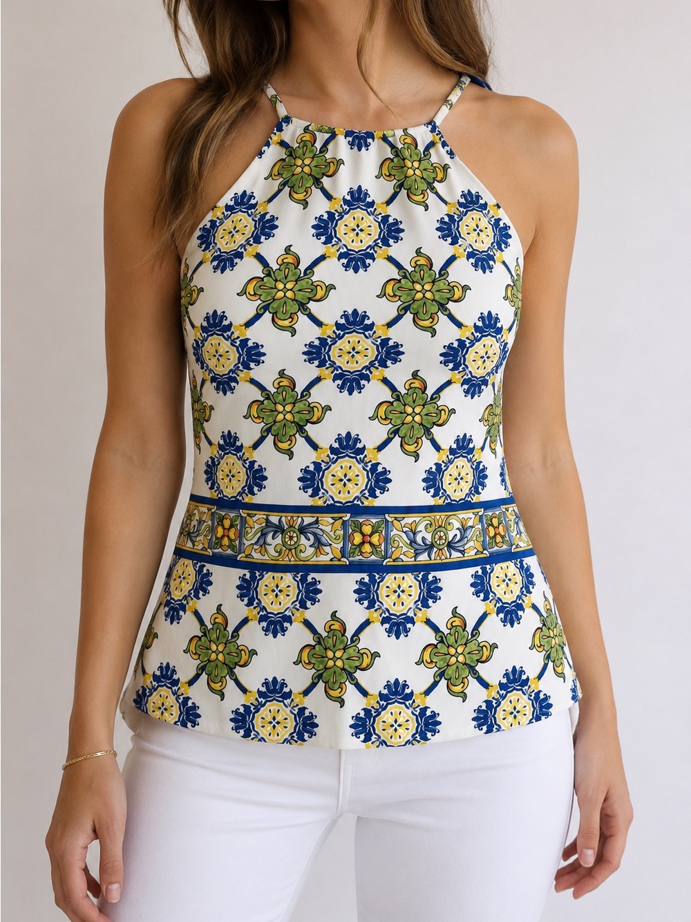 Antonio Melani Blue Yellow Tile Print Luxury Halter Tank Top Size Large Stretch